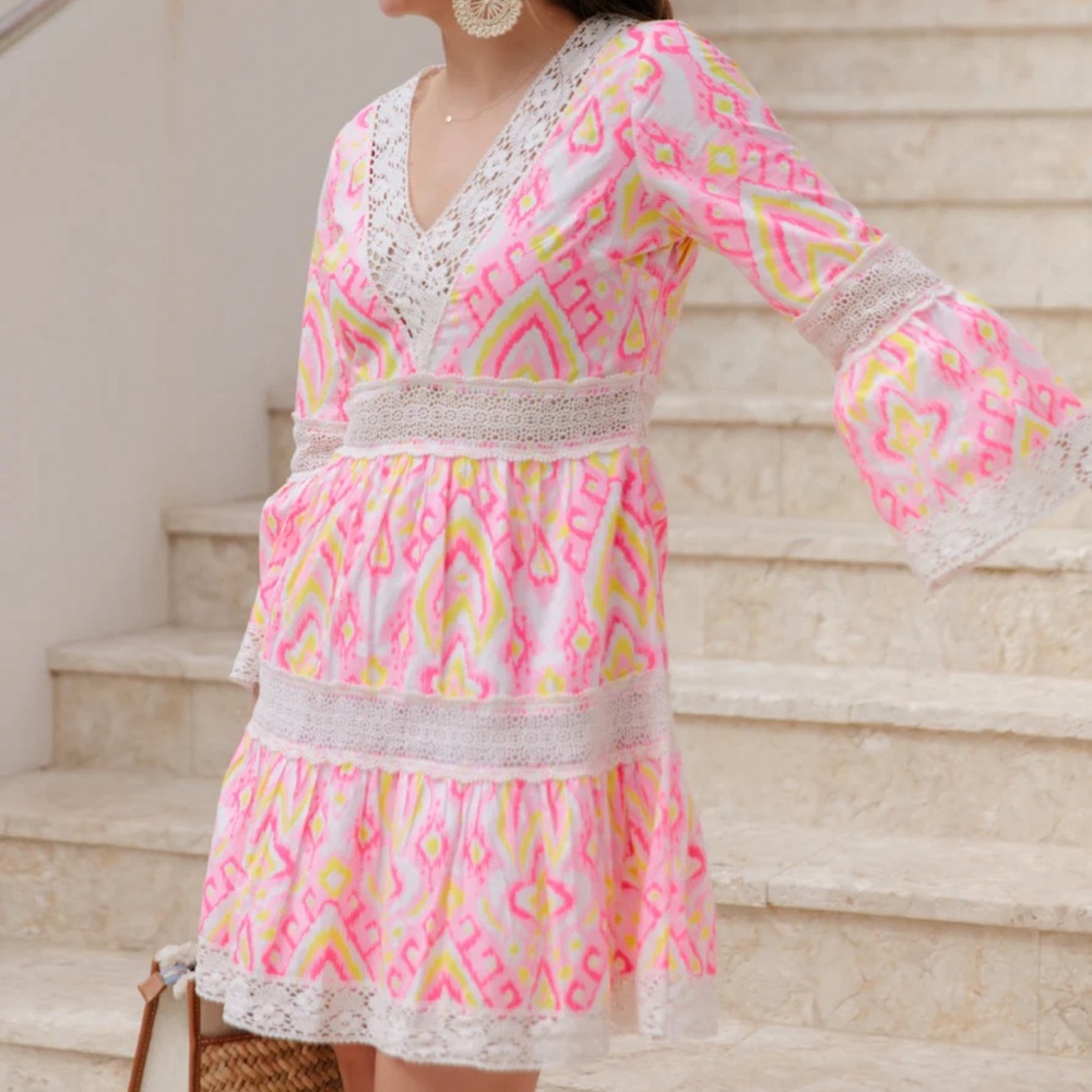 Sail To Sable Pink Ikat Bell Sleeve Dress with Lace